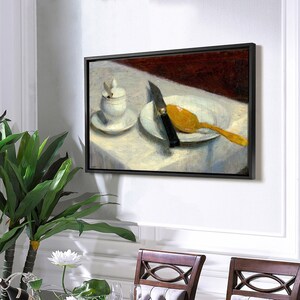 May include: A painting of a still life featuring a white porcelain sugar bowl with a lid, a white plate with a yellow spoon, and a silver knife on a white tablecloth.