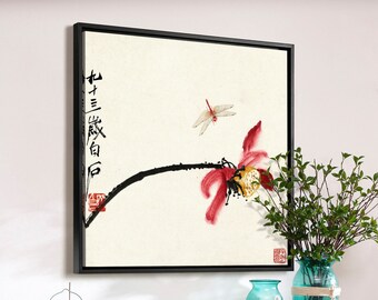 Qi Baishi, Lotus y libélula I, impresiones de arte chino, arte de pared grande, arte de pared enmarcado, arte de pared de lienzo, lienzo grande, M7235
