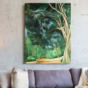 May include: A painting of a forest scene with a large tree in the foreground. The tree has a thick trunk and branches that reach up into the sky. The leaves of the tree are a deep green color. The background of the painting is a forest with a path leading through it.