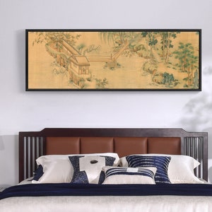 May include: A framed painting of a traditional Chinese landscape scene with a small house, a bridge, and trees. The painting is in shades of brown, green, and white, and is set against a white wall.