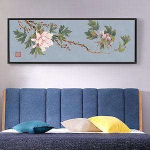 Chinese painting,Peony painting,Chinese Peony Art,Above Bed Decor,Narrow Horizontal Wall Art,large wall art,framed wall art,canvas wall,M192