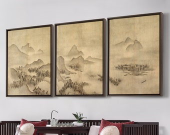 Periodo Muromachi, Paesaggio al chiaro di luna, Paesaggio giapponese, Arte asiatica, Arte giapponese, Set di 3 opere d'arte da parete, Set di tre tele, Arte da parete su tela, S587