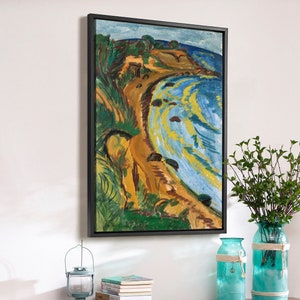 May include: A framed painting of a seascape with a rocky coastline and blue water. The painting is in a black frame and is hanging on a white wall.