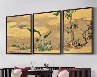 Watanabe Shiko, Fiori e alberi, Arte asiatica, Arte giapponese, Set di 3 opere d'arte da parete, Set di tre tele, Arte da parete su tela, Trittico su tela, S719
