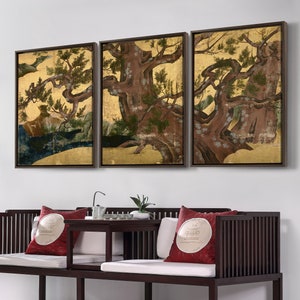 Kano Eitoku,Old cypress tree,Asian Art,Japanese art,Set of 3 Wall Art,Set of Three Canvas,canvas wall art,Triptych canvas,S755