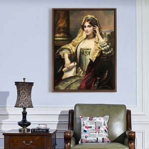 May include: A framed oil painting of a woman in a gold and red dress, holding a scroll. She is wearing a gold crown and a veil. The painting is set against a background of a column and a landscape.