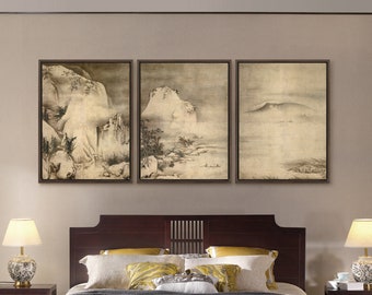 Tensho Shubun, paesaggio, arte asiatica, arte giapponese, set di 3 opere d'arte da parete, set di tre tele, arte da parete su tela, trittico su tela, S767