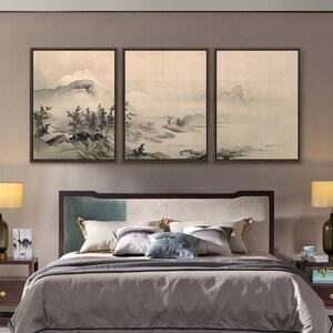 Hashimoto Gaho,Landscape,Black and white landscape painting,Triptych canvas,framed canvas,3 panel wall art,large wall art,framed wall ,s79
