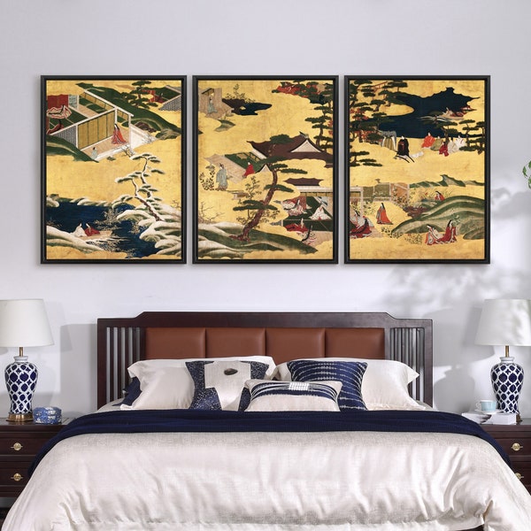 Edo period,Scenes from the Tale of Genji,Asian Art,Japanese art,Set of 3 Wall Art,Set of Three Canvas,canvas wall art,Triptych canvas,S377