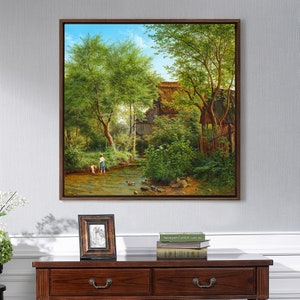 Bedrich Havranek,Country river landscape,boy playing in the river,canvas print,canvas art,canvas wall art,large wall art,framed art,p2615