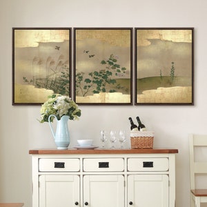 Matsumura Keibun,Folding Screen with Design of Birds and Flowering Grasses,Triptych canvas,framed canvas,3 panel wall art,large wall art,s13