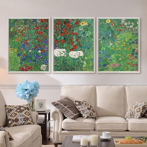 Gustav Klimt,Farm Garden with Sunflowers,Green Garden,Set of 3 Wall Art,Set of Three Canvas,canvas wall art,Triptych canvas,S428