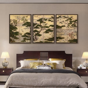 Pine forests and bird flocks, flower and bird art,Asian Art,Japanese art,Set of 3 Wall Art,Set of Three Canvas,canvas wall art,Triptych,S785
