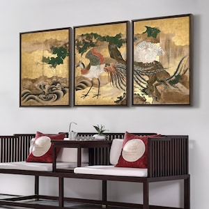 Kano School,Folding Screen with Design of Chinese Phoenixes,pheasant,Triptych canvas,framed canvas,3 panel wall art,large wall art,s16