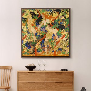 Puede incluir: Una pintura de tres figuras en un entorno de selva. Las figuras están desnudas y están rodeadas de exuberante vegetación, flores y pájaros. La pintura está realizada en un estilo vibrante con colores vivos y detalles dorados.
