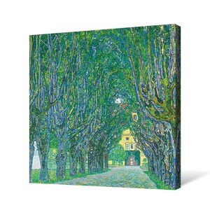 May include: A painting of a tree-lined path leading to a yellow building. The trees are painted in shades of green and blue, and the path is a light gray. The building is a simple structure with a few windows and a door.