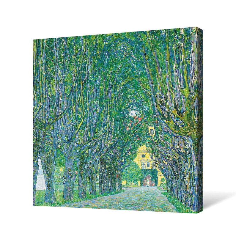 May include: A painting of a tree-lined path leading to a yellow building. The trees are painted in shades of green and blue, and the path is a light gray. The building is a simple structure with a few windows and a door.