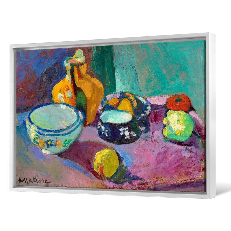 Henri Matisse, Piatti e frutta, Natura morta con frutta, stampa su tela, arte su tela, arte murale su tela, grande arte murale, arte murale con cornice, p1077 Framed canvas white