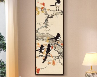 Xu Beihong,Elster auf Bäumen im Herbst,chinesische Kunst,vertikale schmale Kunst,große Wandkunst,gerahmte Wandkunst,Leinwand Wandkunst,M843