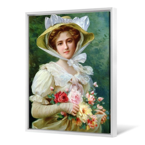 Emile Vernon,Elegant lady shops with a bouquet of roses,large wall art,framed wall art,canvas wall art,large canvas,M5628