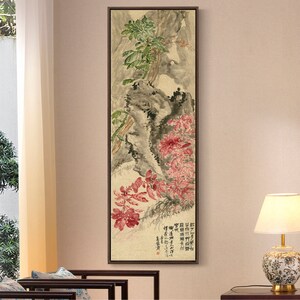 Wu Changshuo,Red leaf plants on stone walls,Chinese Flower Paintings,Vertical Narrow Art,large wall art,framed wall art,canvas wall art,M826