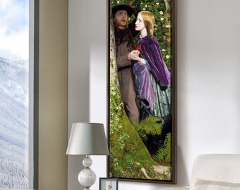 May include: A painting of a couple standing in a forest. The man is wearing a brown coat and a hat. The woman is wearing a purple dress and a white hat. The background is a lush green forest with trees and flowers.