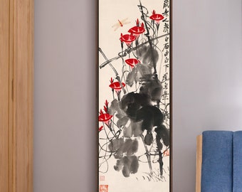 Qi Baishi, Libélula en la gloria de la mañana, pintura china, arte estrecho vertical, arte de pared grande, arte de pared enmarcado, arte de pared de lienzo, M608