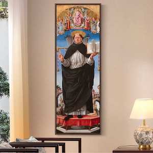 May include: A painting of a man in a black robe holding a book. He is standing on a platform with a red carpet. There are other figures in the background, including a figure of Jesus Christ.
