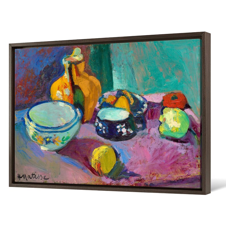 Henri Matisse, Piatti e frutta, Natura morta con frutta, stampa su tela, arte su tela, arte murale su tela, grande arte murale, arte murale con cornice, p1077 Framed canvas walnut