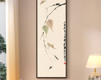 Qi Baishi, ramas y libélulas, pintura china, arte estrecho vertical, arte de pared grande, arte de pared enmarcado, arte de pared de lienzo, M590