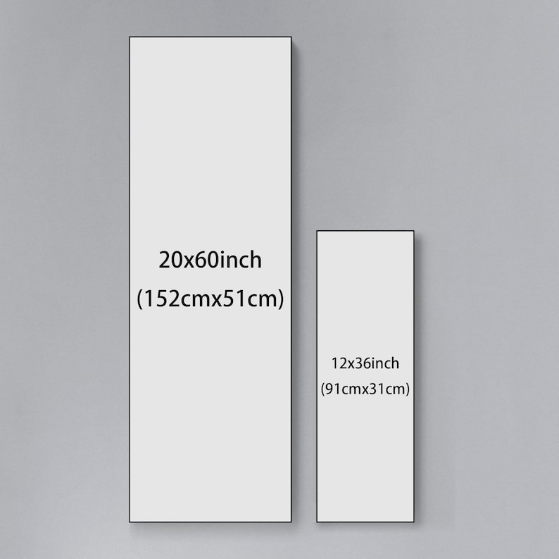 May include: Two white rectangular canvases with black text indicating their dimensions. The larger canvas is 20x60 inches (152cm x 51cm) and the smaller canvas is 12x36 inches (91cm x 31cm).
