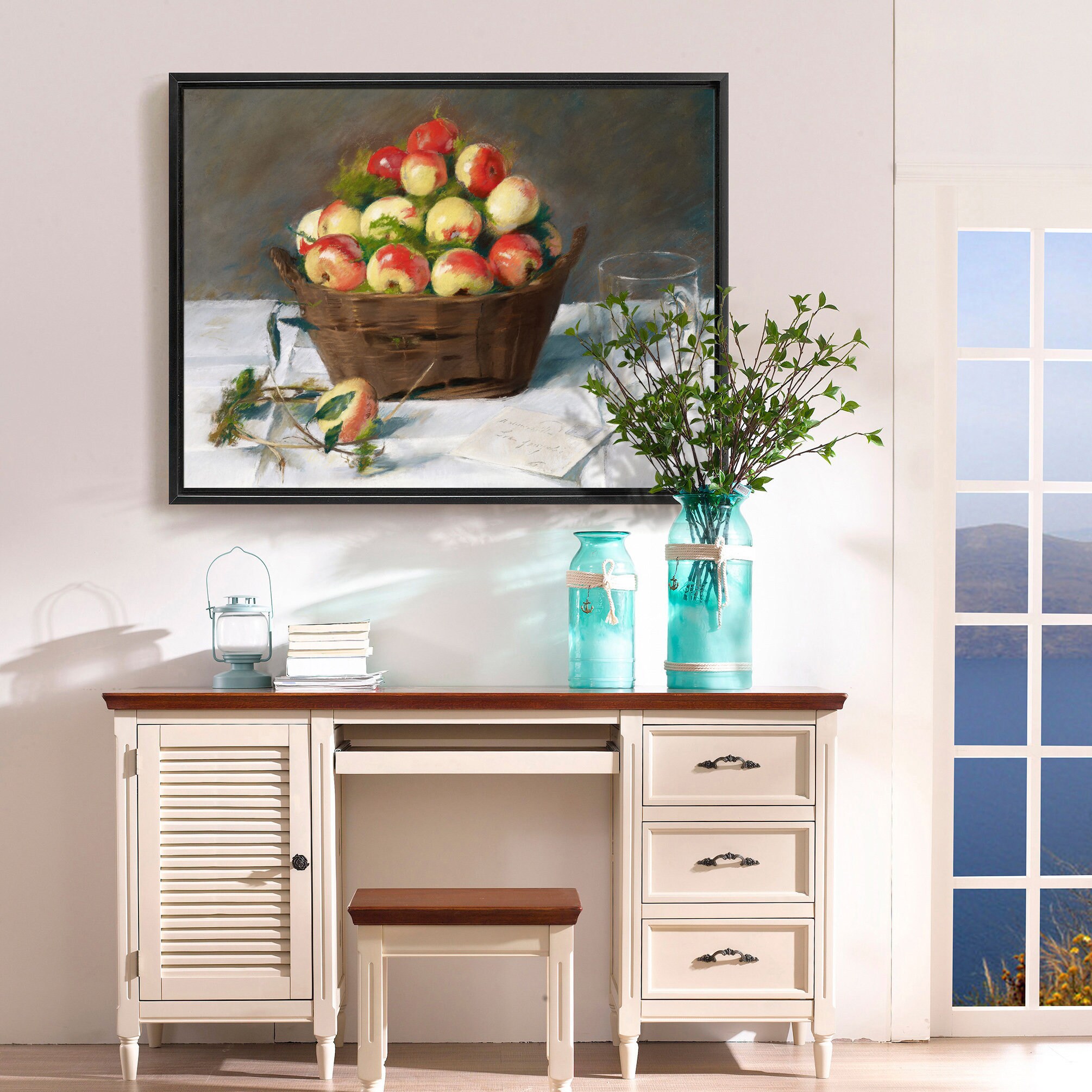 Eva Gonzales,Apples in a fruit basket, fruit still life,canvas print,canvas art,canvas wall art,large wall art,framed wall art,p991