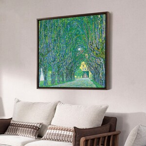 May include: A painting of a long, tree-lined path leading to a yellow building. The trees are painted in a pointillist style, with small dots of green, blue, and white.