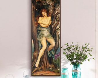 May include: A painting of a woman with long red hair, wearing a green dress, sitting in a tree. The tree is brown and has green leaves. The background is a light blue sky with white clouds.