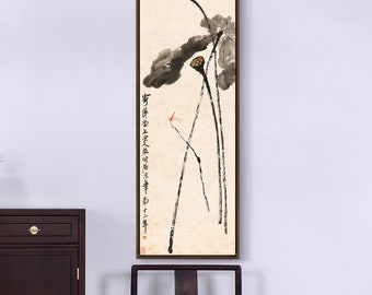 Qi Baishi, Libélula en estanque de loto, pintura china, arte estrecho vertical, arte de pared grande, arte de pared enmarcado, arte de pared de lienzo, M607