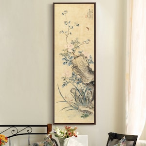 Jiang Pu, Rozen en orchideeën in stenen spleten, Chinese bloem schilderij, verticale smalle kunst, grote kunst aan de muur, ingelijste kunst aan de muur, canvas kunst aan de muur, M503