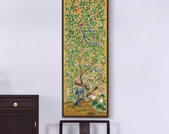 Chinoiserie Scenisk, Väggkonst med fågel och blomma ii, Vertikal smal konst, stor väggkonst, inramad väggkonst, canvastavla, M367