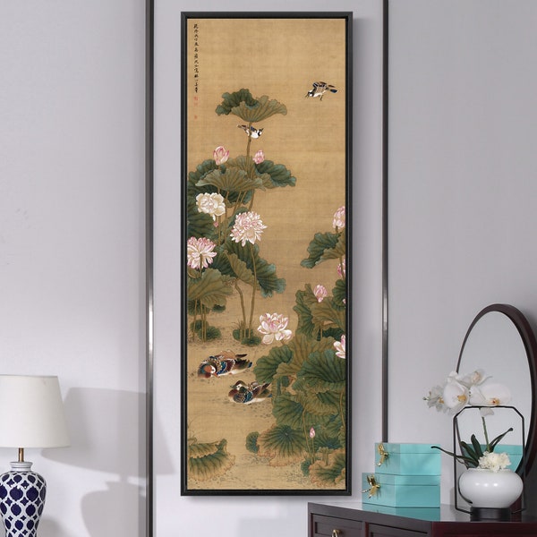 Shen Quan,Mandarin Ducks and Lotus,Asian Decor Canvas Artwork,Vertical Narrow Art,large wall art,framed wall art,canvas wall art,M738
