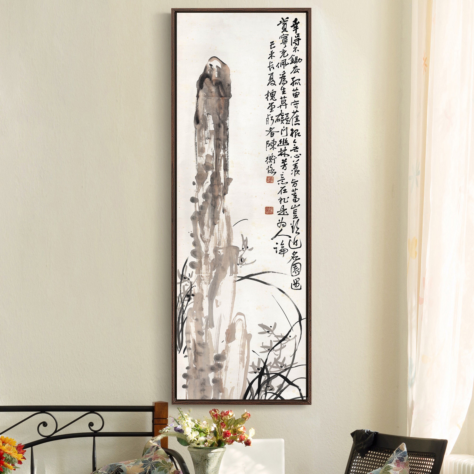 VINCENT TSANG シルクスクリーン Chen Shizeng,orchids Under Stones,chinese Wall Art,vertical Narrow