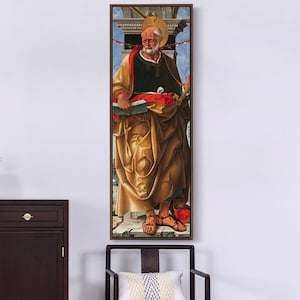 May include: A painting of a bearded man wearing a gold robe and red sash, holding a book. He is standing in a doorway with a blue sky in the background.