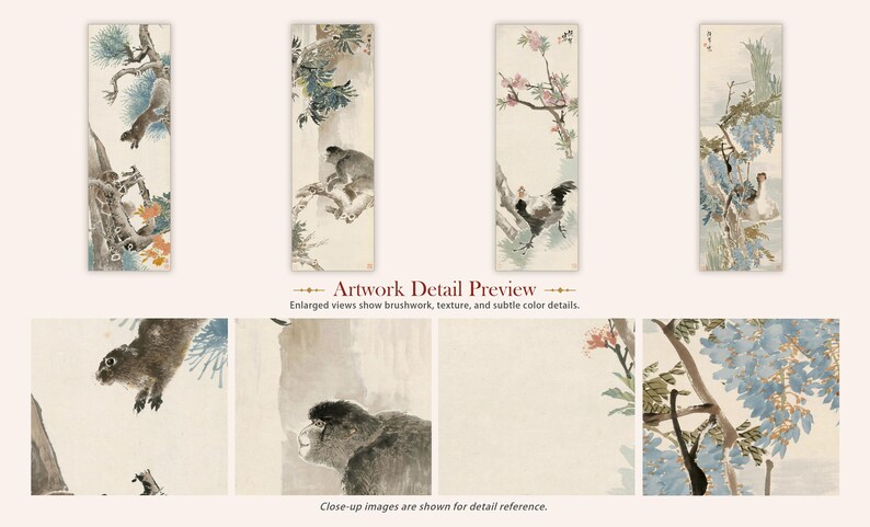 Ren Yi Animal Canvas Print Set, Chinese Squirrel Monkey Rooster Bird ...