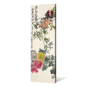 May include: A traditional Japanese painting depicting a branch of a pomegranate tree with a single fruit, alongside a cluster of pink, white, and yellow chrysanthemums. The painting is executed in black ink and watercolour on a cream-coloured background. The text in the image reads "光阴虚掷", which translates to "Time is fleeting."