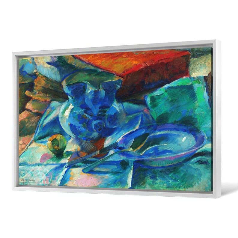 Umberto Boccioni, Nature morte de poterie, couverts et fruits, impression sur toile, art sur toile, art mural sur toile, art mural sur grande taille, art mural encadré, p2116 Framed canvas white