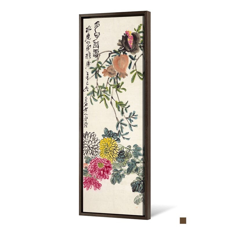 May include: A framed painting depicting a branch with pomegranates and chrysanthemums. The painting is executed in a traditional Chinese style using black ink and watercolour. The text in the painting reads "秋心似酒濃" which translates to "Autumn heart like strong wine".