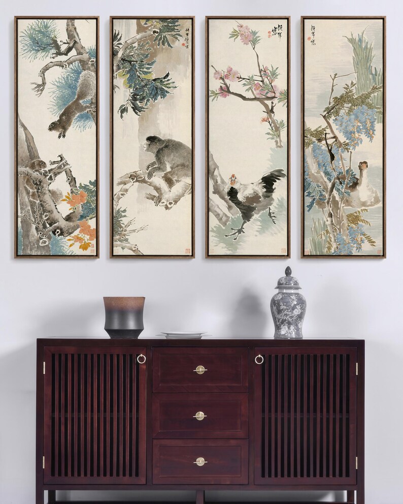 Ren Yi Animal Canvas Print Set, Chinese Squirrel Monkey Rooster Bird ...