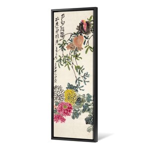 May include: A vertical painting of a branch with green leaves, pink and yellow chrysanthemums, and red pomegranates. The painting is framed in black and has Chinese calligraphy in black ink.