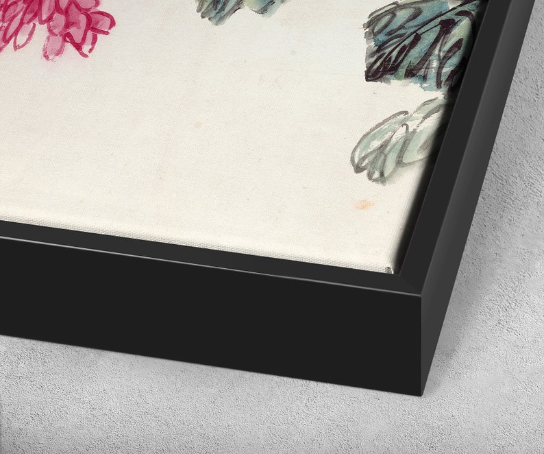 May include: A framed canvas print featuring a watercolour painting of pink flowers and green leaves. The frame is black and the canvas is white.