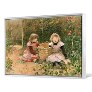 Puede incluir: Dos ni&ntilde;as peque&ntilde;as con vestidos rosa y rojo est&aacute;n sentadas en un jard&iacute;n, rodeadas de follaje verde y flores rojas. Una ni&ntilde;a sostiene una cesta tejida mientras la otra la mira. La pintura est&aacute; hecha en estilo acuarela.