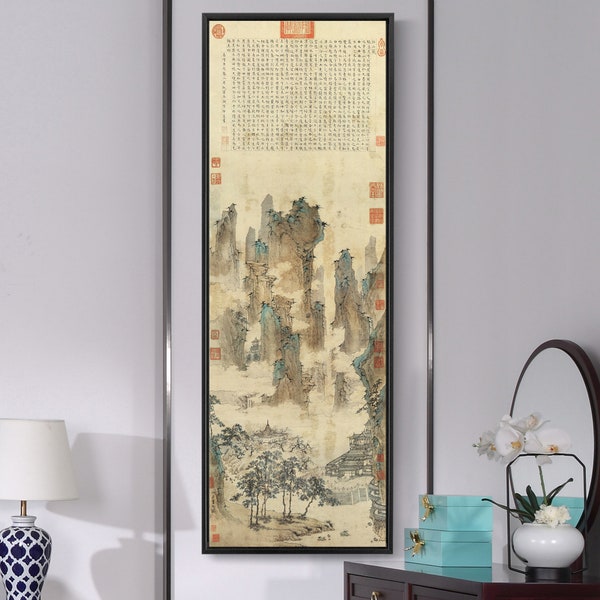 Qiu Ying,der Berg, wo die Götter leben,Chinesische Landschaft Malerei,Vertikale schmale Kunst,große Wandkunst,gerahmte Wandkunst,Leinwand Wandkunst,M700