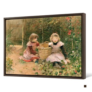 Puede incluir: Dos ni&ntilde;as peque&ntilde;as con vestidos est&aacute;n sentadas en un jard&iacute;n, rodeadas de exuberante vegetaci&oacute;n. Una ni&ntilde;a sostiene una cesta tejida mientras la otra la mira. La pintura est&aacute; realizada en estilo acuarela con colores suaves y apagados.
